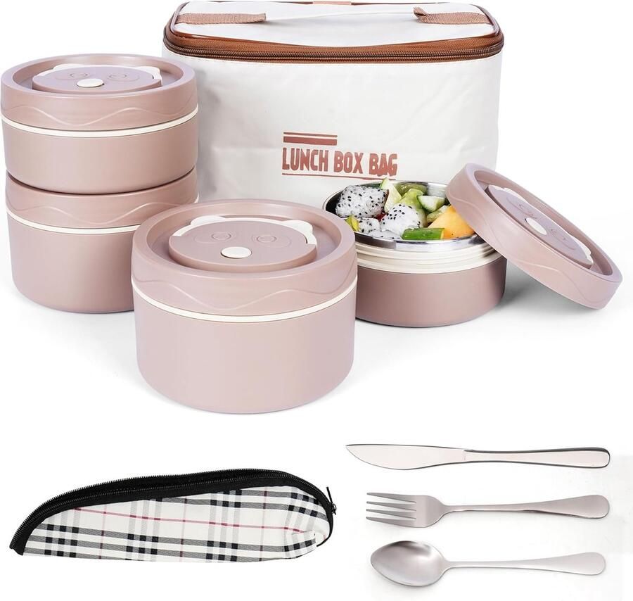 5-delige draagbare geïsoleerde lunchboxset met bestek 4 roestvrijstalen thermische containers voor voedsel stapelbaar en lekvrij thermische lunchbox voor volwassenen bruin