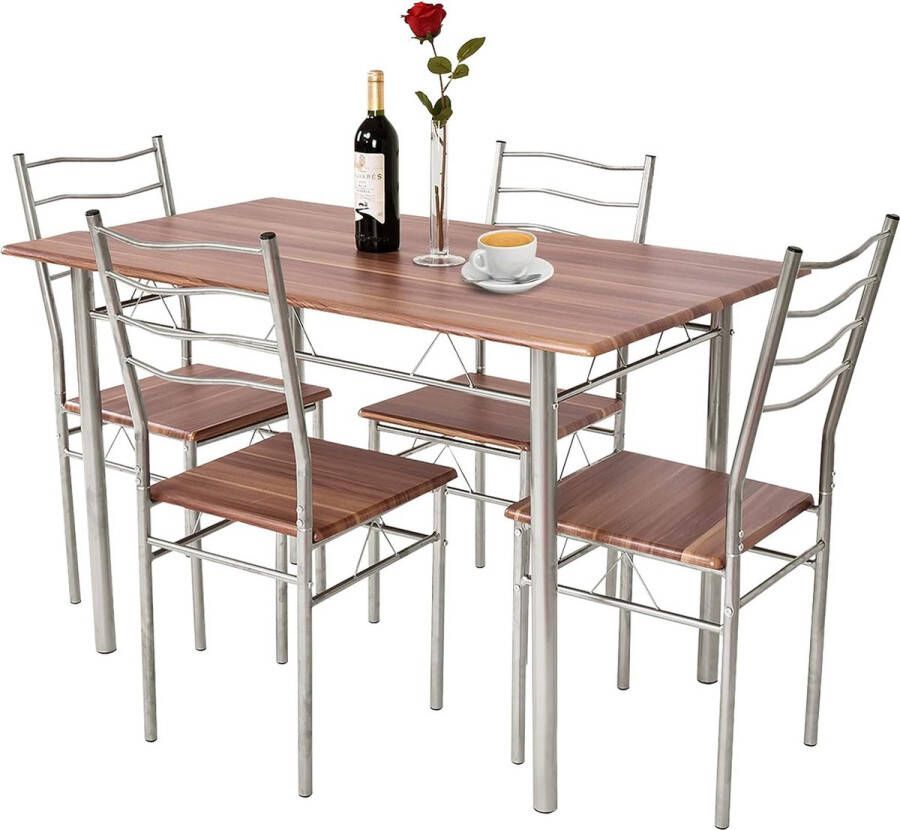 5-delige eettafelset keukentafel met 4 stoelen eetgroep met hoge rugleuning zitgroep voor eetkamer keuken ruimtebesparend zilver + walnoot