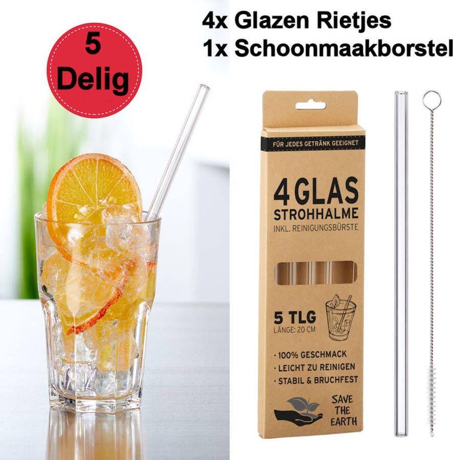 Decopatent 5-Delige Glazen Drinkrietjes Set Bestaande uit: 4x Rietjes van Glas + 1x Schoonmaakborstel Glazen Drink Rietjes herbruikbaar