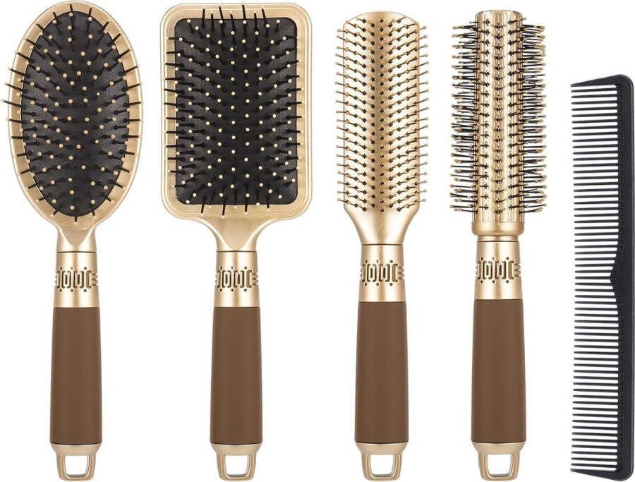 5-delige haarborstelset antistatische massage ovale kam ontluchtende haarborstel no-wirwar peddel haarborstel professionele styling haarborstel voor mannen en vrouwen (goud)