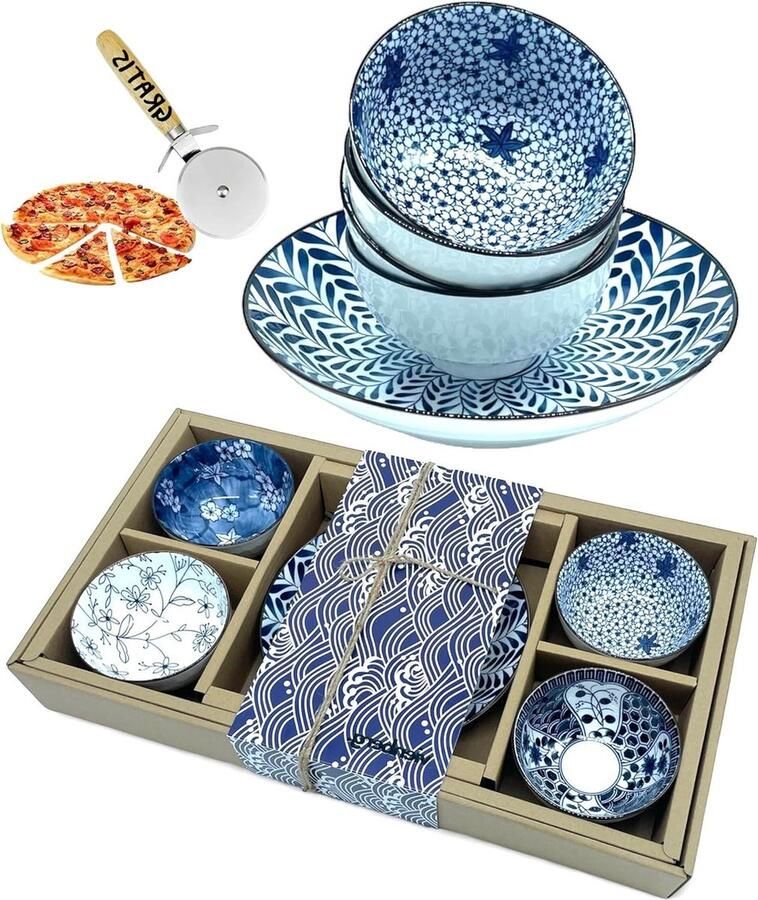 5-delige keramische kommen set vaatwasmachinebestendig Japanse designs muesli kommen rijst soepkommen blauwe bloemen cadeau-idee