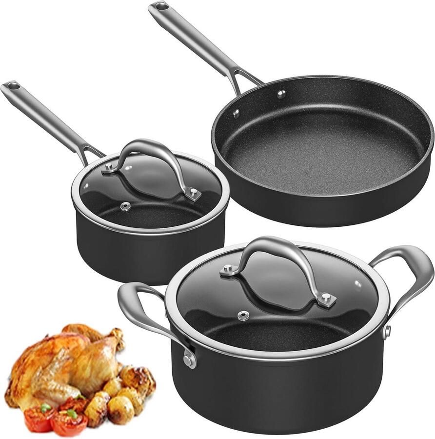 5-delige Keuken Kookgerei Set met Glazen Deksels Geschikt voor Alle Kachels Inclusief Inductie Koekenpannen Steelpannen pannenset