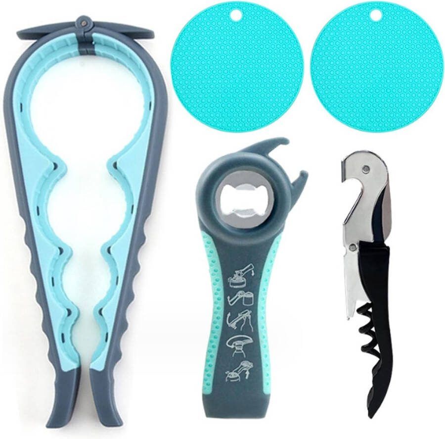 5-delige multifunctionele blikopenerset 5-in-1 dekselopener bierflesopener antislip rubberen potopener (grijs en blauw)