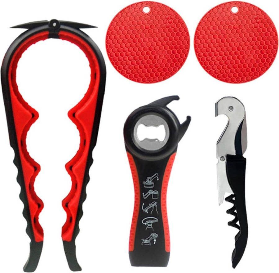 5-delige multifunctionele blikopenerset 5-in-1 dekselopener bierflesopener antislip rubberen potopener (zwart en rood)