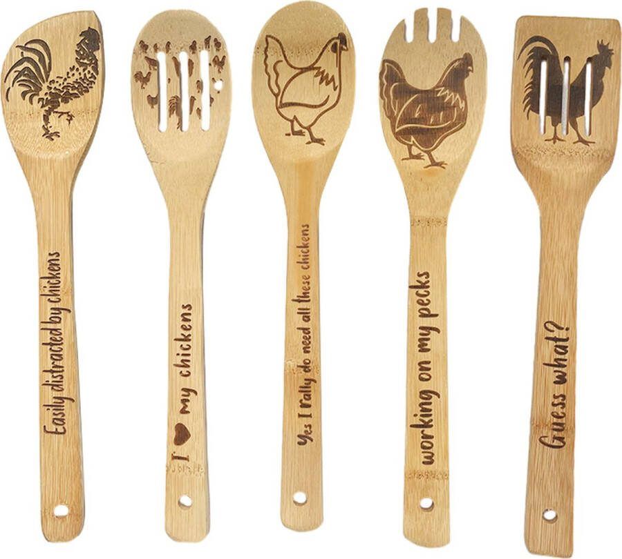 5-Delige Premium Bamboe kookgerei Set – Krasvrij & Hittebestendig met Unieke Kip Design