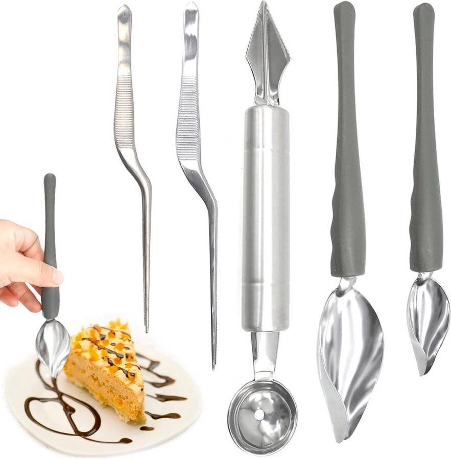 5-delige roestvrijstalen decoratieve lepelset decoratielepel sauslepel keukenlepel dessertdecoratie voor dessertbord prachtige doe-het-zelf-cake chocoladegebak potloodlepel gereedschap