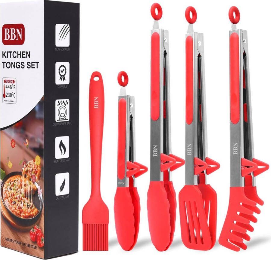 5-delige siliconen tangenset siliconen tang om te koken (rood)