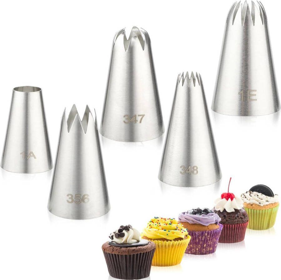 5-delige spuitmondjes RVS set professionele spuitmondjes eenvoudig te gebruiken bakgereedschap naadloos taartglazuur spuitmondje grote spuitmondjes voor het decoreren van taarten cupcakes