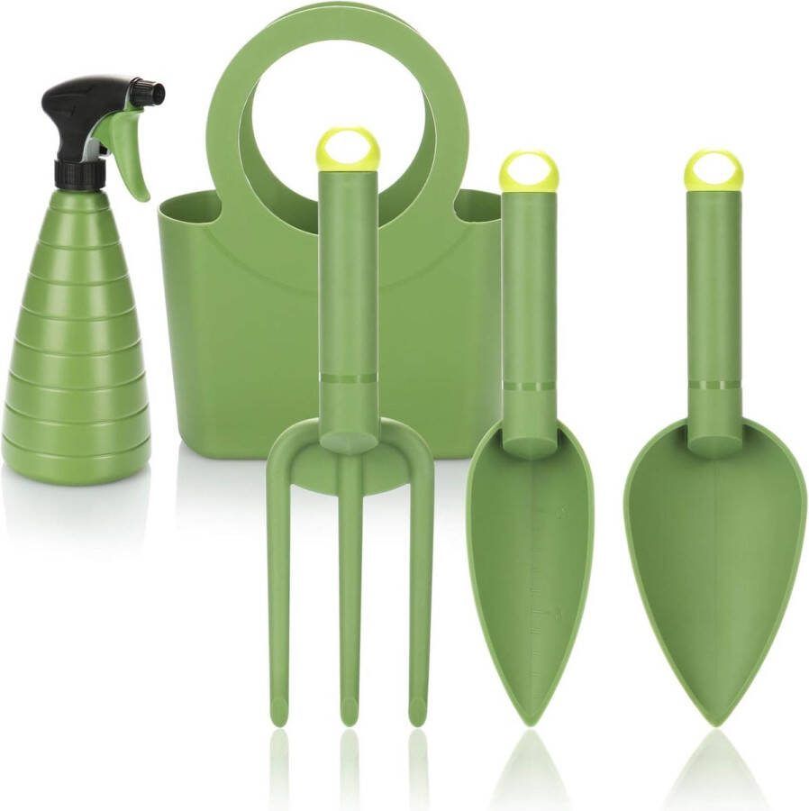 5-delige tuingereedschapset schoppen graafvork en spuitfles in handige opbergtas (05-delig groen)