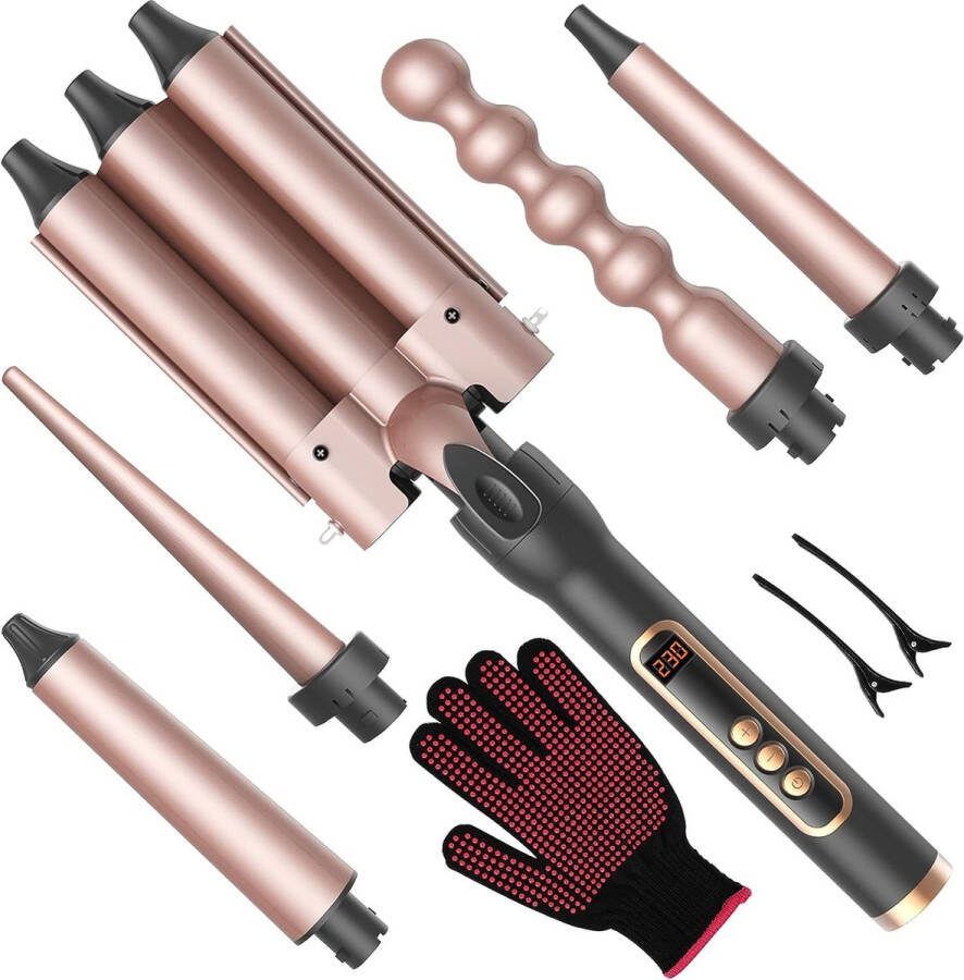 5 in 1 Krultang met Opzetstukken 7 Stuks Wafeltang- Met handschoen airstyler Keramisch Haarkruller 9 tot 32 mm Rosé Goud