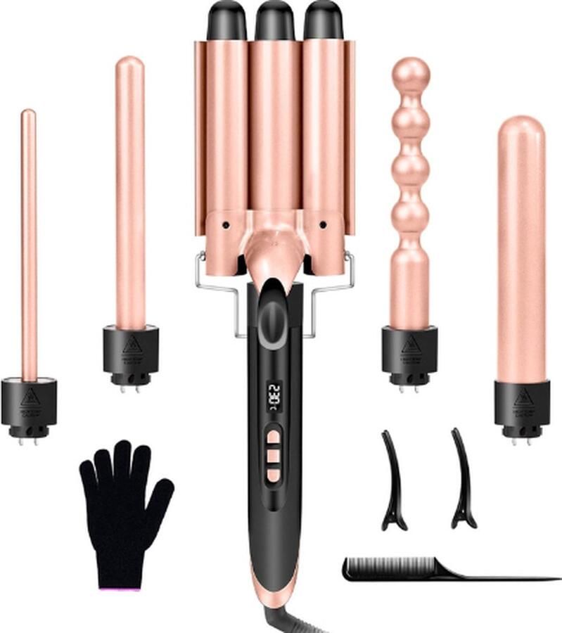 5-in-1 Krultang Wafeltang Waver Golvenkrultang Verstelbare Temperatuur Krultang met Digitale Weergave Keramisch Roze