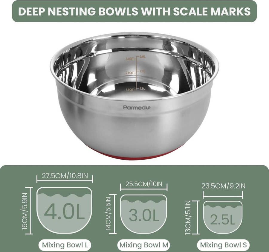 5-in-1 multifunctionele grote 304 roestvrijstalen mengkom set 3 diepe nestende slakommen maat 4QT 3QT 2.5QT & vergiet en rasp model CK001