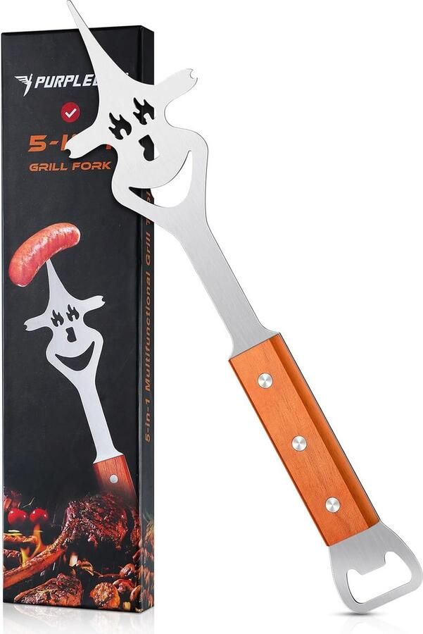 5-in-1 vleesvork voor barbecue grillvork met houten handvat multifunctionele grillaccessoires 33 cm vleesvork roestvrij staal wordt geleverd met barbecuebesteksetfunctie barbecuegeschenken