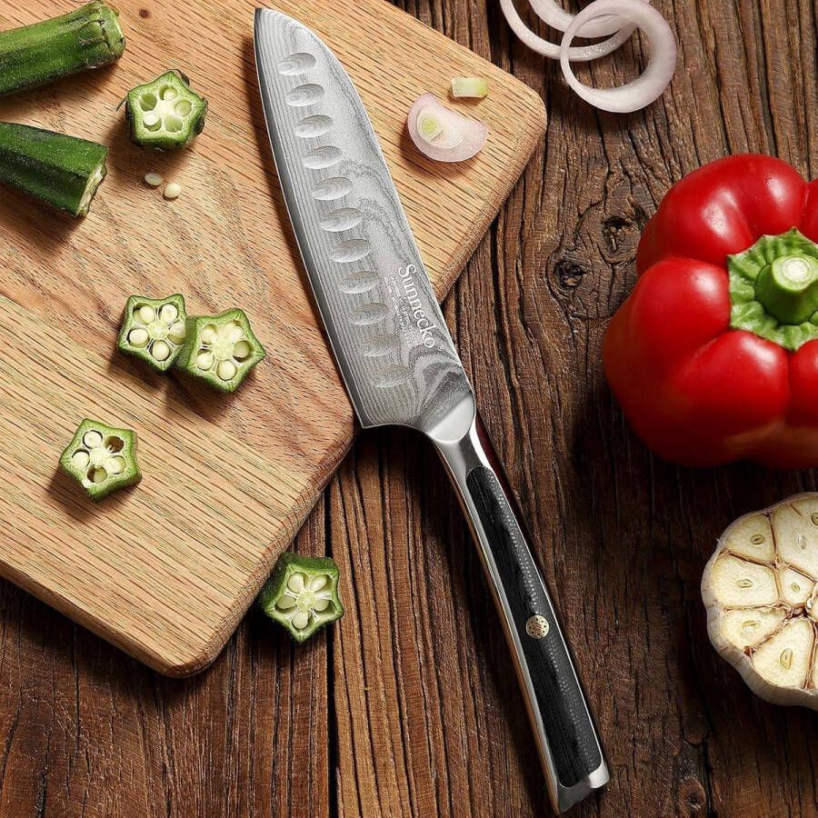 5 inch Santoku Knife Elite Series Japanese Damascus Steel Chef Knife with Serrated Edge Small Sharp Kitchen Knife for Salad and Sashimi