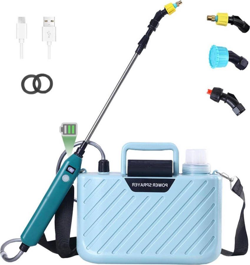 5 liter drukspuit autopomp tuinsproeiapparaat elektrische plantenbescherming batterij telescopische lans oplaadbaar 3 sproeiers batterijniveau blauw