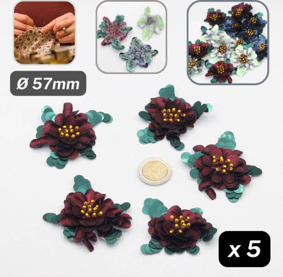 5 PAILLETTEN BLOEMEN met Pareltjes als Hartje om op Naaien Diameter 57MM Kleur BORDEAUX GROEN GEEL