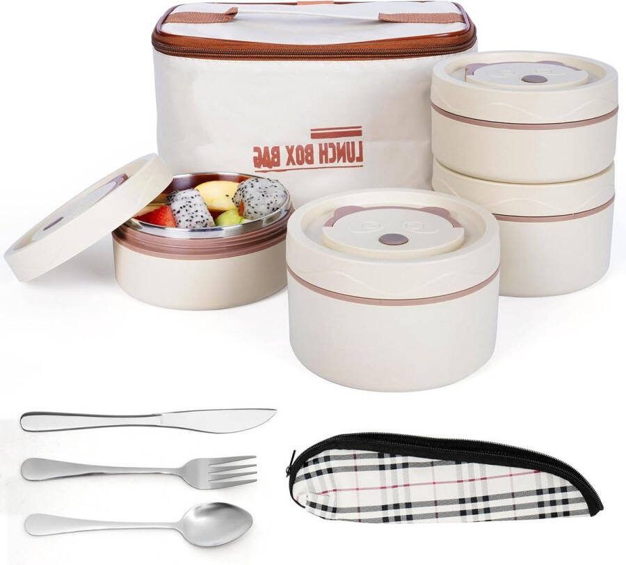 5-Piece Portable Insulated Lunch Container Set with Cutlery Stainless Steel Leakproof Stackable Food Bento Boxes Thermal Bag Included Lunch Box Set for Adults Students Biege