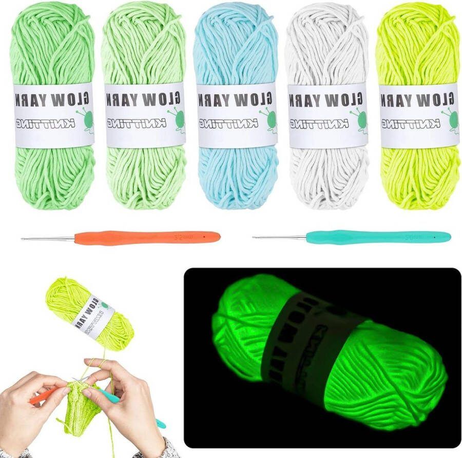 5 Rollen Glow in the Dark Garen Lichtgevend Gehaakt Garen 2 Haaknaalden Zacht Veelzijdig Neon Naaigaren Kunst Ambachten Feestartikelen