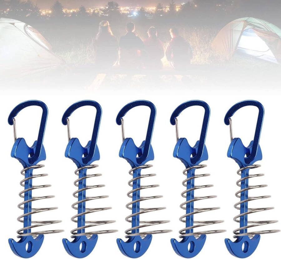 5 stuks (blauw) Fishbone dekankerharingen aluminium kleurrijke dekankerharingen met karabijnhaken tenttouwspanners met veergesp Fishbone tentharingen voor buiten wandelen kamperen campingaccessoires spanveer trekveer