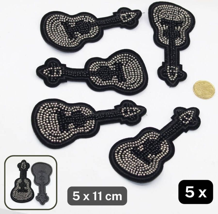 5 Stuks DELUXE GITAAR PATCHES ETIKETTEN om op te Naaien Maat 5CM op 11CM Kleur ZWART