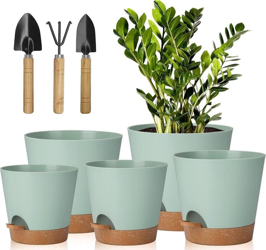 5 stuks kunststof bloempotten met irrigatiesysteem zelfbewatering 178 165 152 139 127 cm onderzetter binnen balkon tuin planten vetplanten cactussen groen