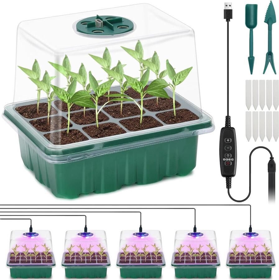 5 Stuks Kweekbak Kweekschaal Voor Planten Mini-Broeikas Kweekset Met Verhoogd Deksel Zaailingstarter Met Plantenlichten Met Volledig Spectrum 10 Labels 2 Gereedschap