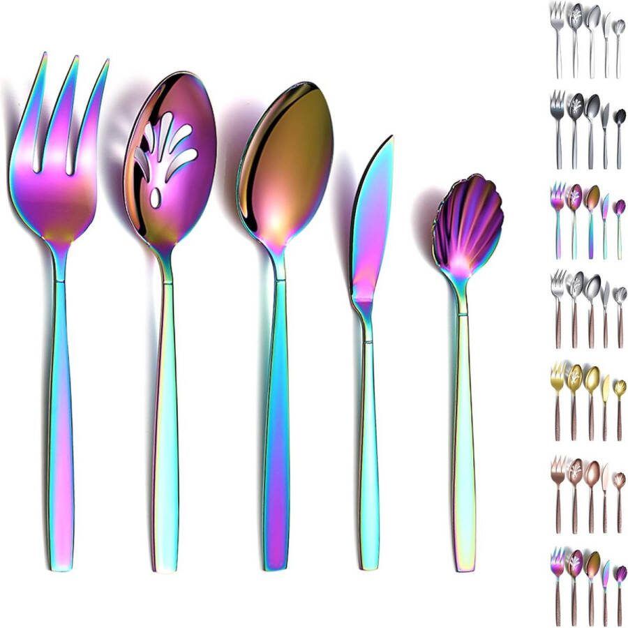 5 stuks regenboogbestek regenboog titanium coating roestvrij staal bestek serveerlepel schuimlepel serveervork suikerlepel boterstrooier vaatwasmachinebestendig