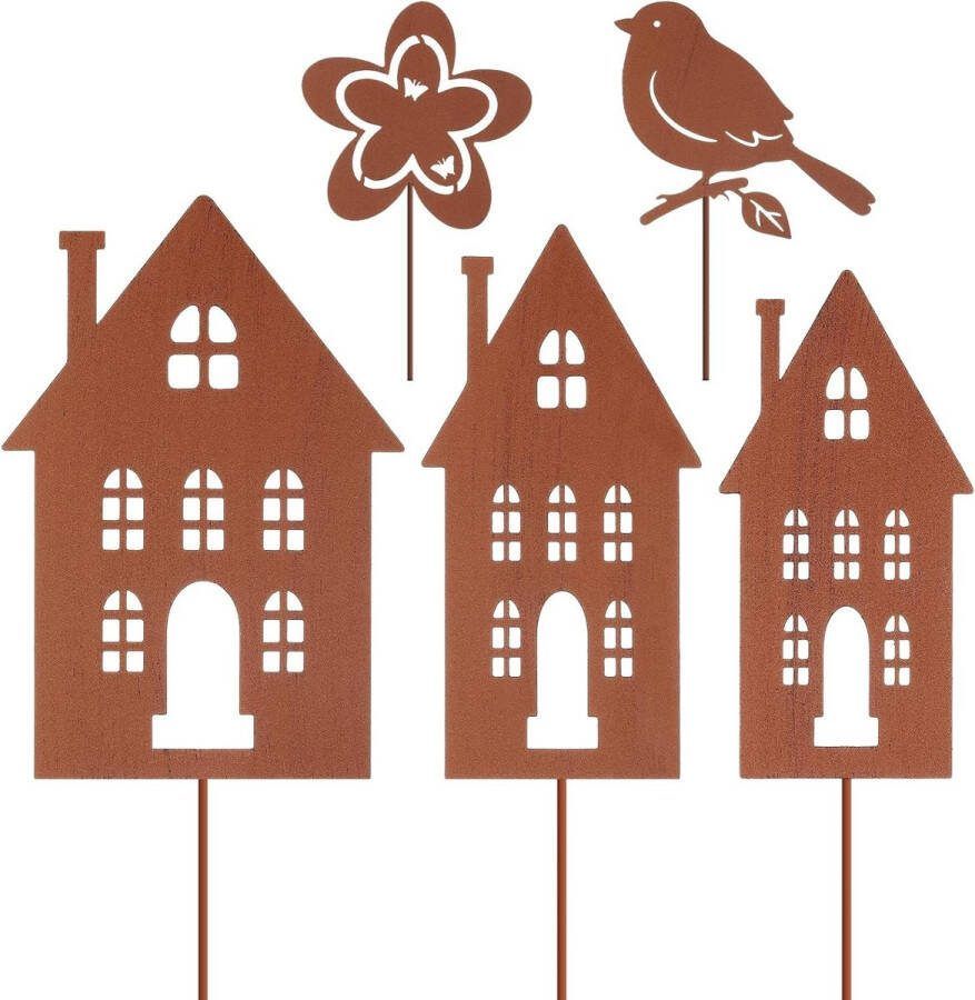 5 stuks roestige tuin decoratie set roestige huizen tuin staken tuinhuizen tuin staken metalen decoratieve plug huis voor het aansluiten in roest look voor tuin patio balkon