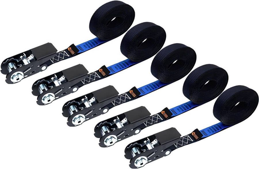 5 stuks spanbanden met ratel hoogwaardig 6 m x 25 mm met draagtas weerstand 800 kg voldoet aan EN 12195-2. Ideaal voor aanhangers auto caravan fiets verhuizing