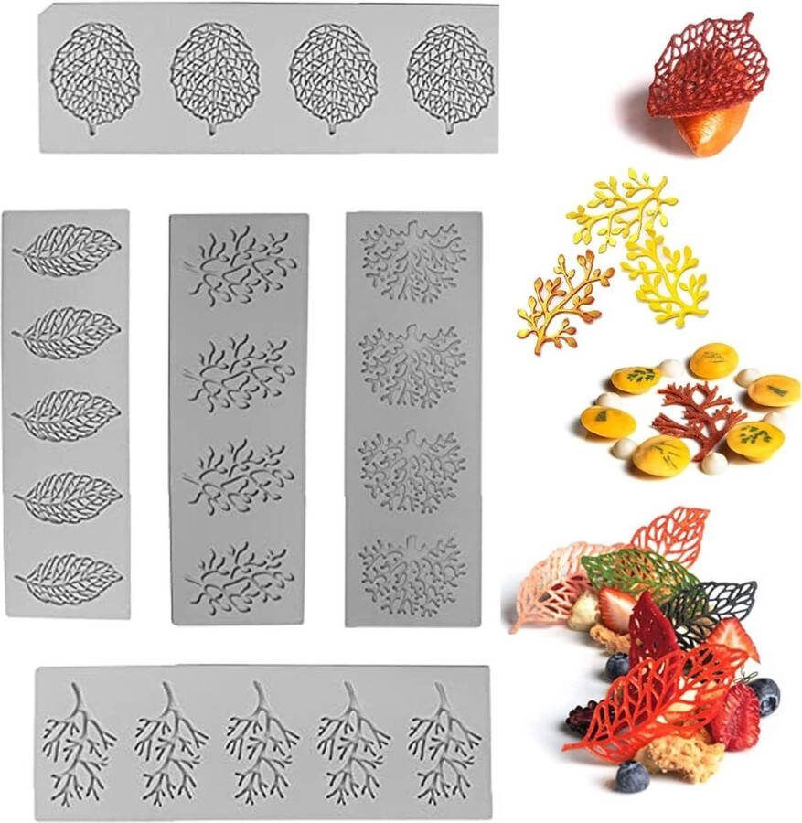 5 stuks vellen siliconen vormen doe-het-zelf siliconen taartvorm voor taartrand decoratie 3D holle bladeren snoepvorm voor suikerpasta chocolade fondant boter zeep (vorm A)