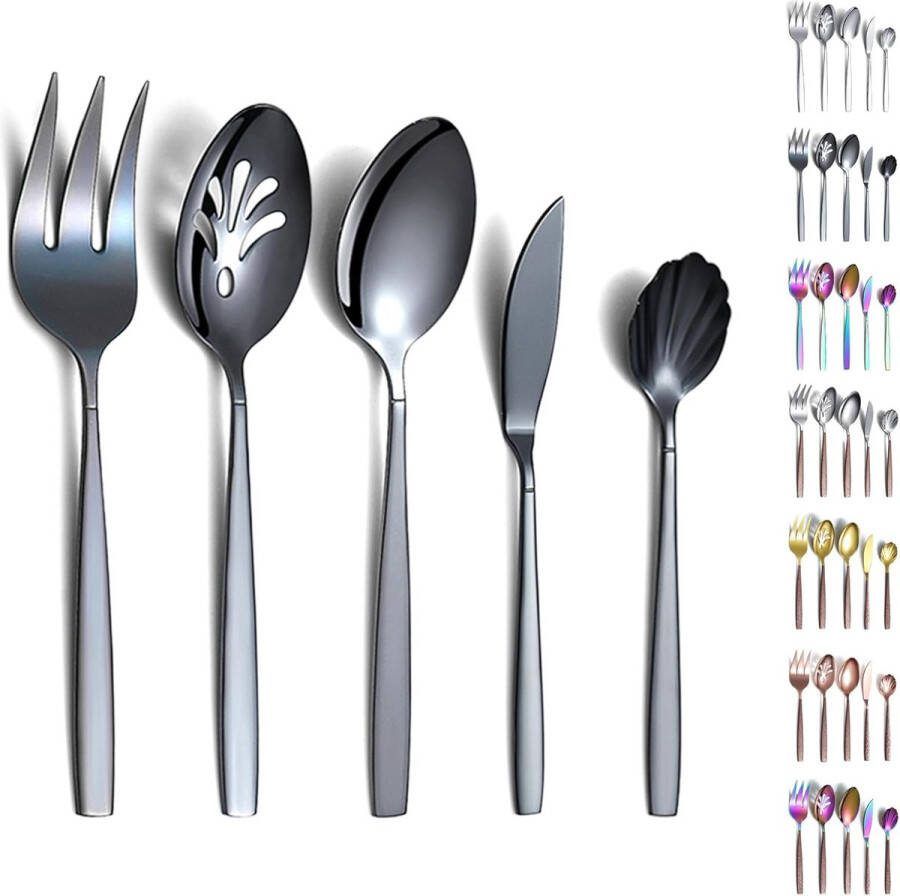 5 stuks zwart bestek roestvrijstalen bestek met zwarte titanium coating serveerlepel schuimlepel serveervork suikerlepel boterstrooier vaatwasmachinebestendig