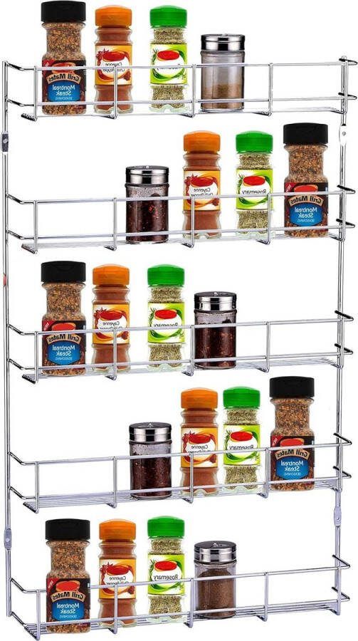 5 Tier Spice & Kruidenrek Wandmontage of Keukenopslag Stevige verchroomde draadconstructie Geschikt voor Kastdeur van 500mm+ Premium kwaliteit Metaal 415x62x645 cm
