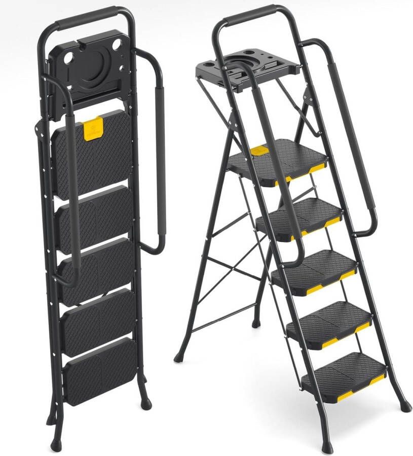 5-traps inklapbare ladder met gereedschapsbak en veiligheidsleuningen Lightwight huishoudladder voor keuken voorraadkasten kasten kantoorgebruik Ladder