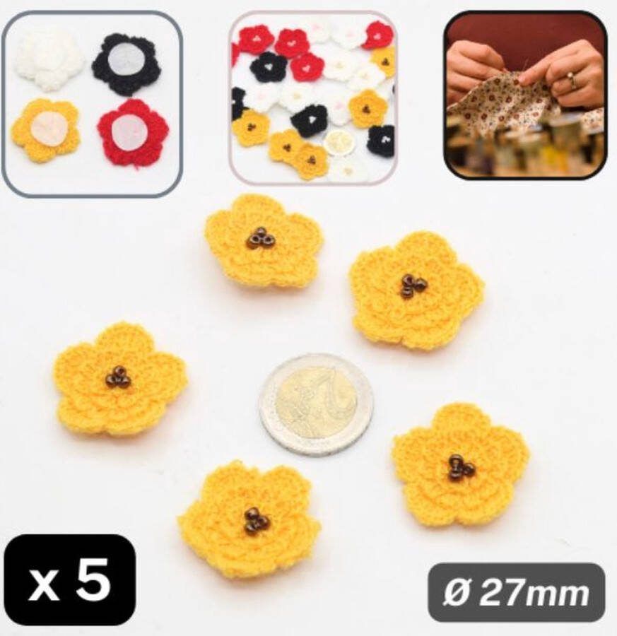 5 TRICOT BLOEMEN met Parels Hartje Diameter 27MM om op te Naaien Kleur GEEL BRUIN