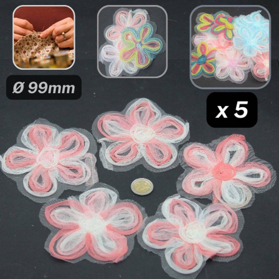 5 TULLE BLOEMEN op Tulle Basis Diameter 99MM om op te Naaien Kleur PERZIK