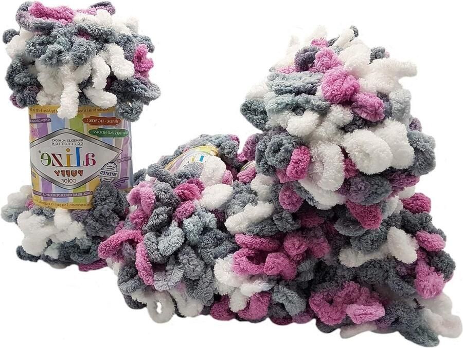 5 x 100 gram Alize Puffy Color breiwol Super Volumineus Meerkleurig Luswol Roze Grijs Wit 6070