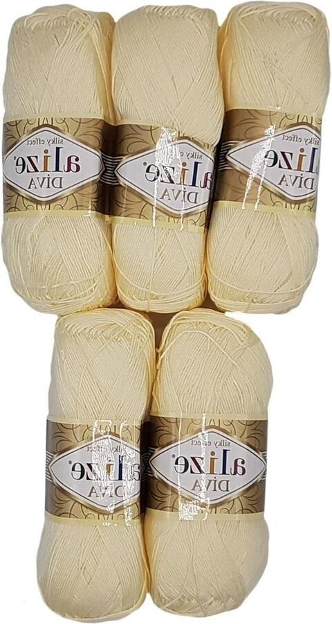 5 x 100 gram effen gemerceriseerde breiwol Diva microvezel-acryl ecru 01