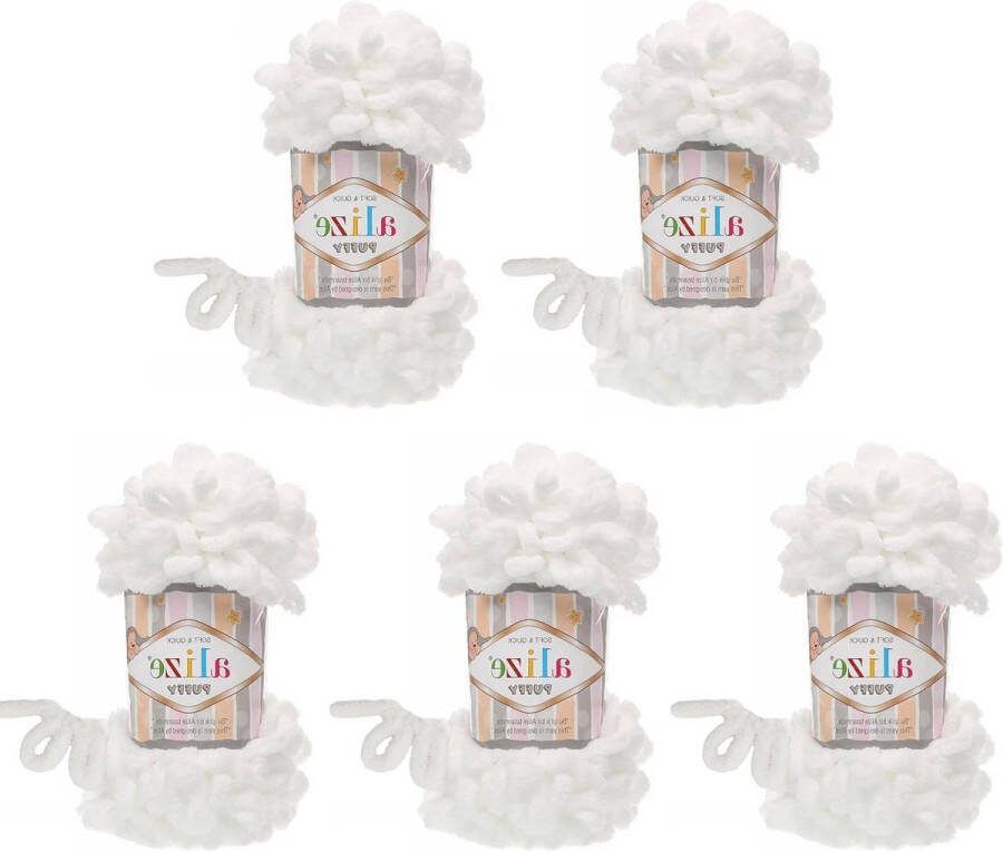 5 x 100 gram Puffy breiwol 500 gram super bulky luswol voor vingerbreisel (wit 55)