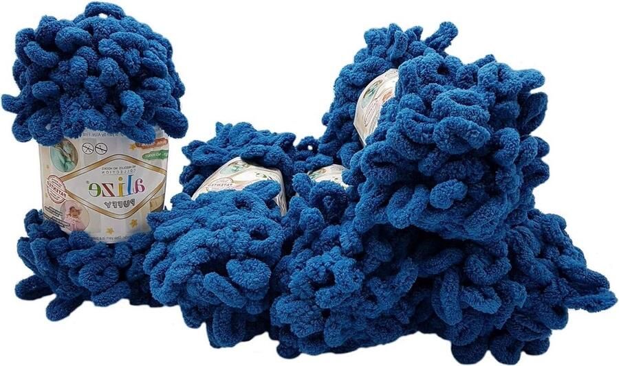 5 x 100 gram Puffy breiwol Super bulky wol voor vingerbreisel 500 gram luswol breien zonder naald Blauw 646