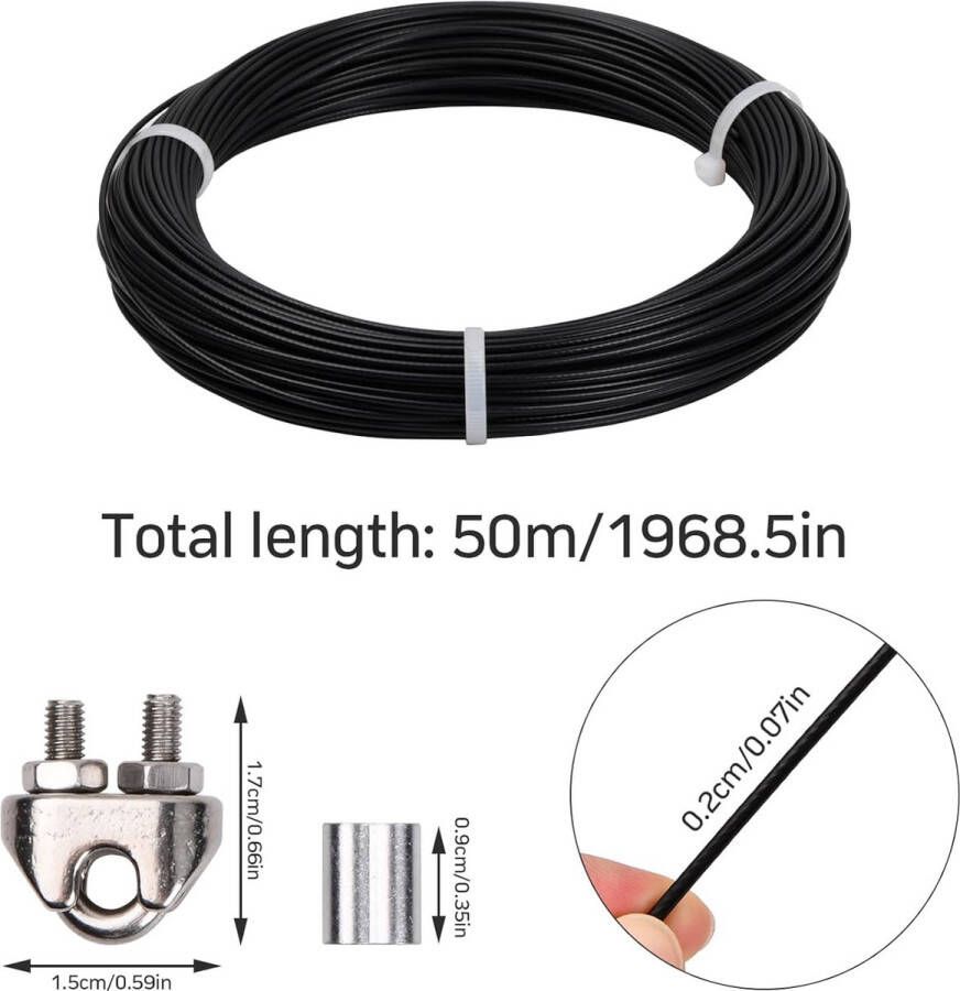 50 m roestvrij stalen draad 2 mm pvc-gecoate roestvrijstalen kabel 7 x 7 met 8 kabelklemmen 20 aluminium hulzen flexibele ophanging draadkabel voor tuin wasrek (zwart)