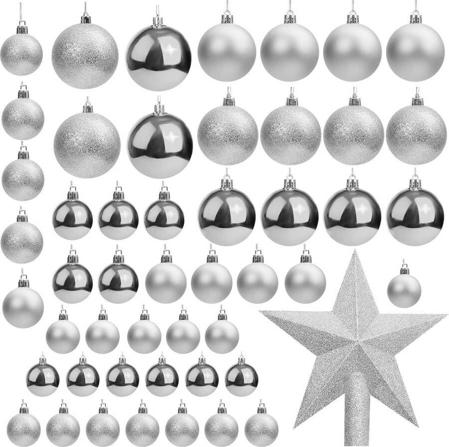 50 stuks kerstballen verschillende maten glinsterende zilveren kerstballen met sterboom top kerstboom bal hangende ornamenten voor kerstversiering vakantie feest binnen buiten decoraties