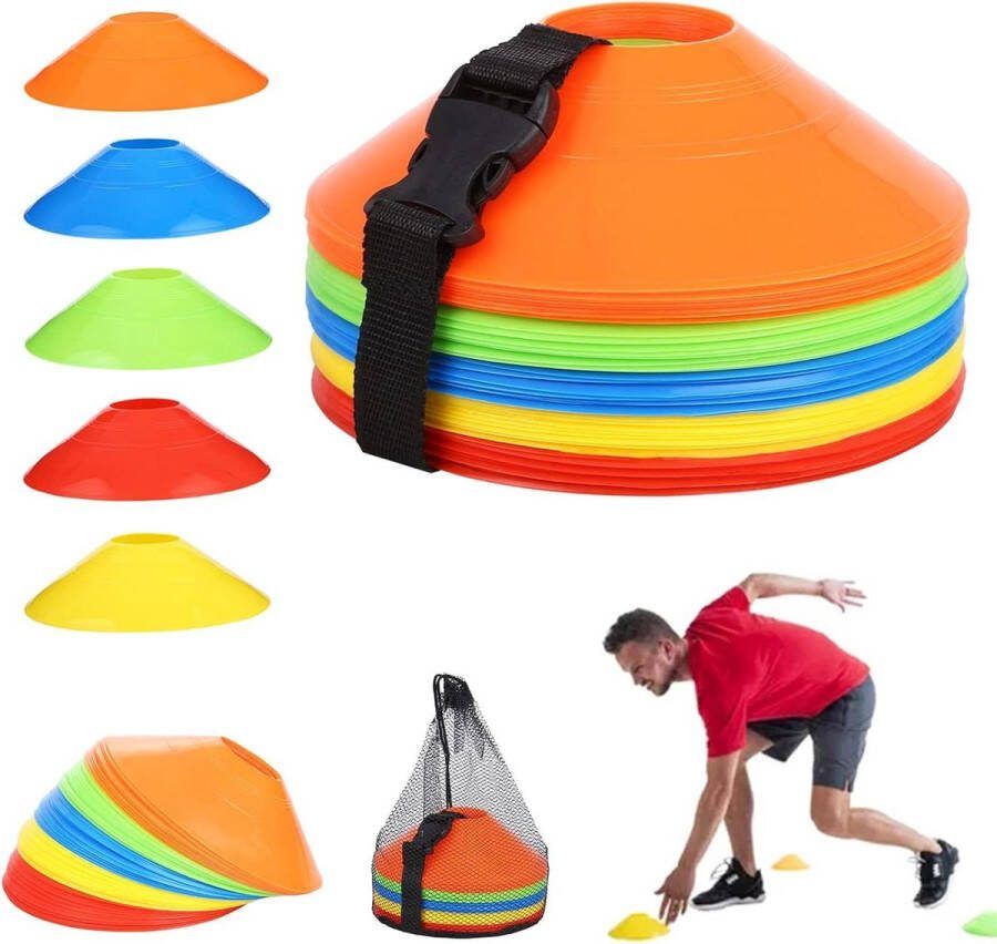 50 stuks markeerkegels sportkegels met gespriemen voetbalkegels set voor voetbal hockey schaatsen handbal coördinatietrainingshulpmiddel 5 kleuren Voetalbal trainingsmateriaal