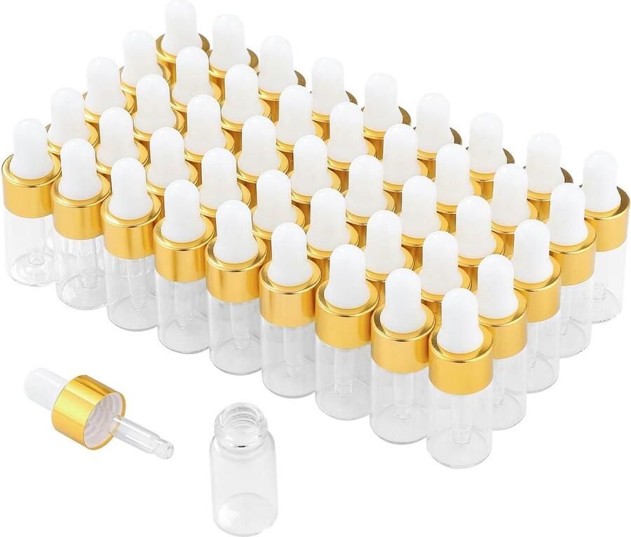50 stuks mini-flessen lege druppels van glas gouden doppen parfummonsterflessen etherische oliën lichaamsolie vloeistoffen 3 ml festival flessen dop