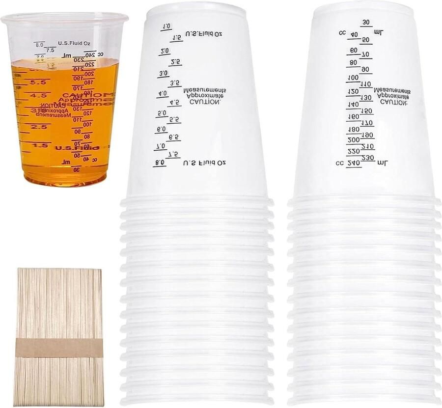 50 stuks roerbekers 240 ml bekers om te mengen kunststof maatbeker met 50 mengstaafjes kleuren en epoxyhars