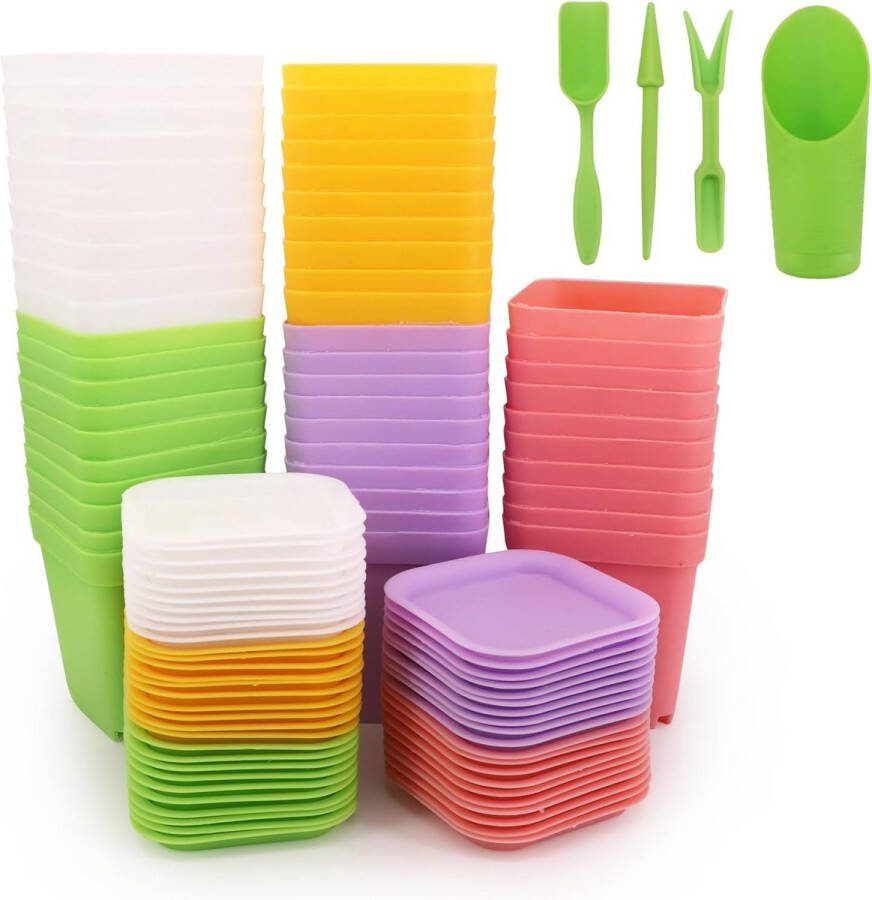 50 vierkante plastic bloempotten met trays 7 cm dikke zaailingenpotten kleine kleurrijke kweekpotten voor het snijden van groenten vetplanten cactussen
