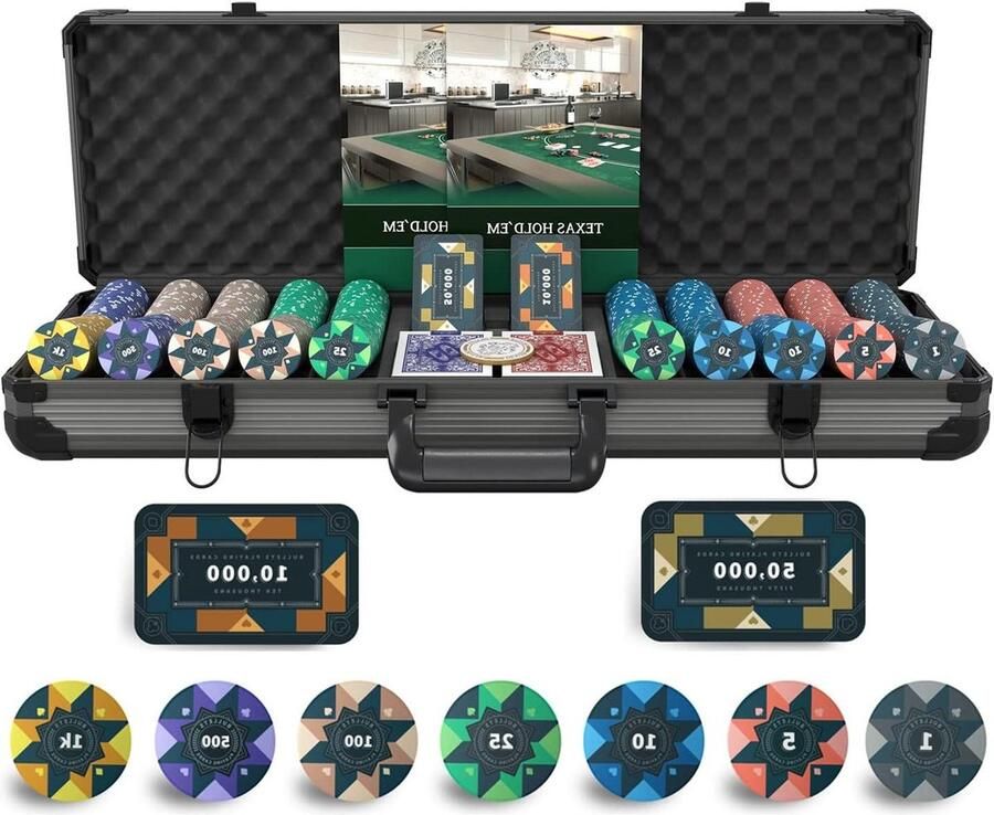 500 keramische pokerchips met opgedrukte waarden incl. dubbelpak pokerkaarten plaques Paulie Pokerkoffer Pokerset