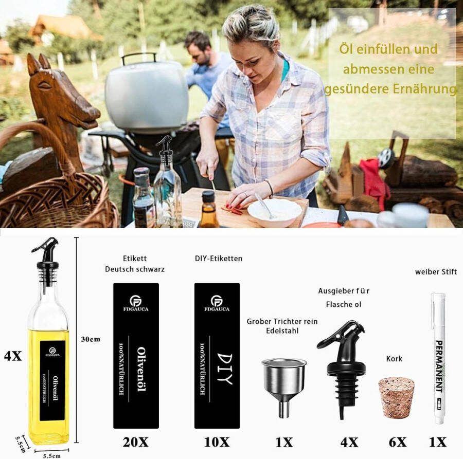 500 ml (4-stuks) Oliedispenser Glas met Labels Azijn en Olie Set Oliedispenser om te Vullen Oliekan Olijfoliefles