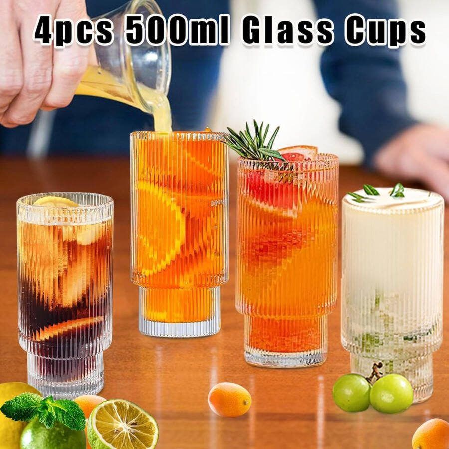 500 ml geribbelde glazen longdrinkglazen set van 4 geribbelde drinkglazen stapelbare geribbelde glazen vintage origami-stijl glazen bekers waterglazen voor cocktails whisky thee