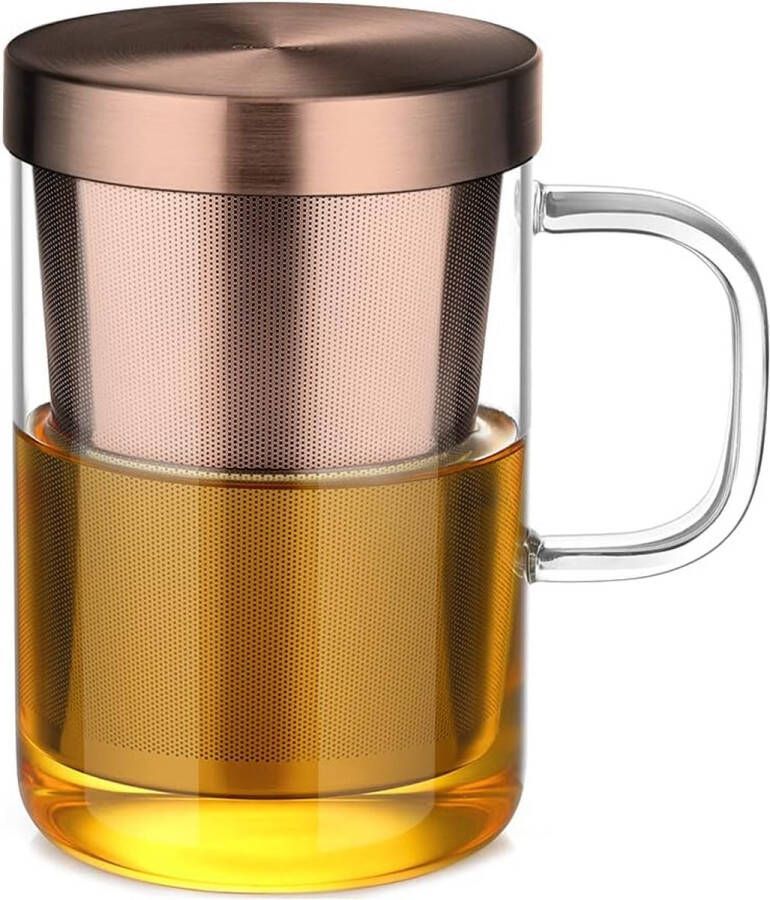 500 ml (volledige capaciteit) glazen beker met bronzen roestvrijstalen zeef en deksel theeglas theekop van borosilicaat theekop