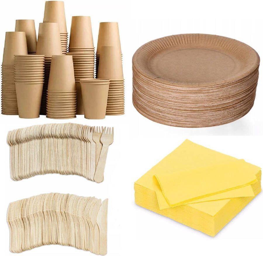 500 stuks x Houten wegwerp bestek set eco milieubewust 100 kartonnen borden 23cm + 100 kartonnen bekers 240ml+ 100 Vorken 16cm+100 messen 16cm+ 100 bio servetten geel 33x33cm